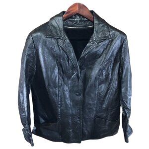Women's Leather Jacket Black Blazer 8-10 Collared Button Front Classic